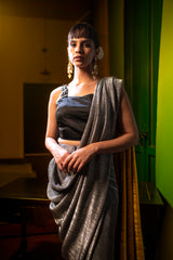 Grey Metallic Pleated Saree With Blouse and Pant