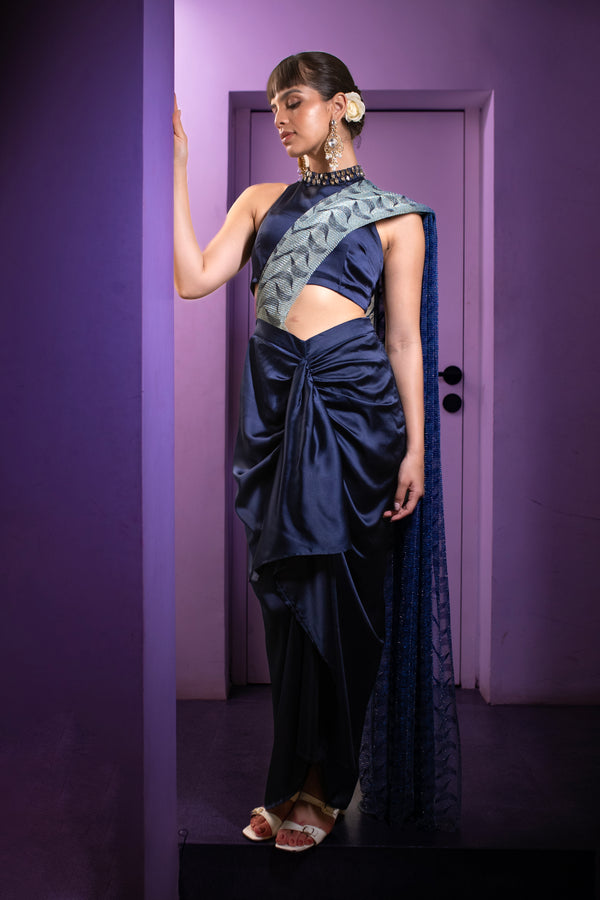 Printed Metallic Ready Saree With Blouse & Skirt