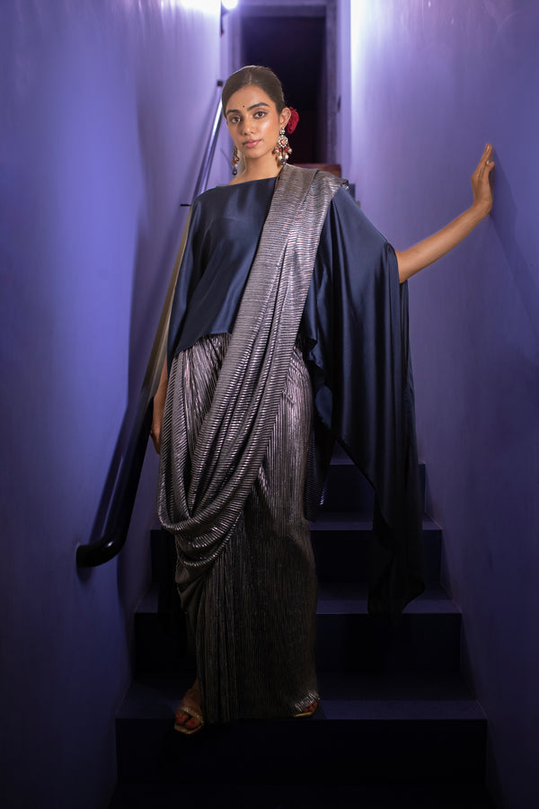 Navy Metallic pleated Saree With Blouse and Pant